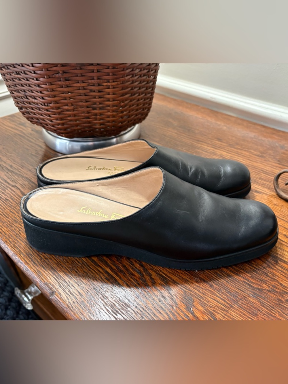Salvatore Ferragamo Black Leather Slip-On Flats